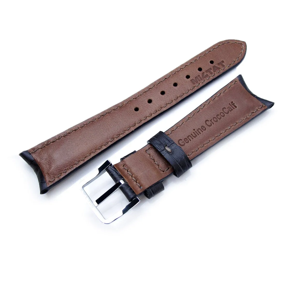20mm or 22mm CrocoCalf (Croco Grain) Dark Grey Semi-Curved Watch strap, Polished Buckle