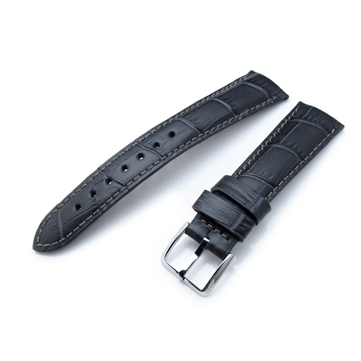 20mm or 22mm CrocoCalf (Croco Grain) Dark Grey Semi-Curved Watch strap, Polished Buckle