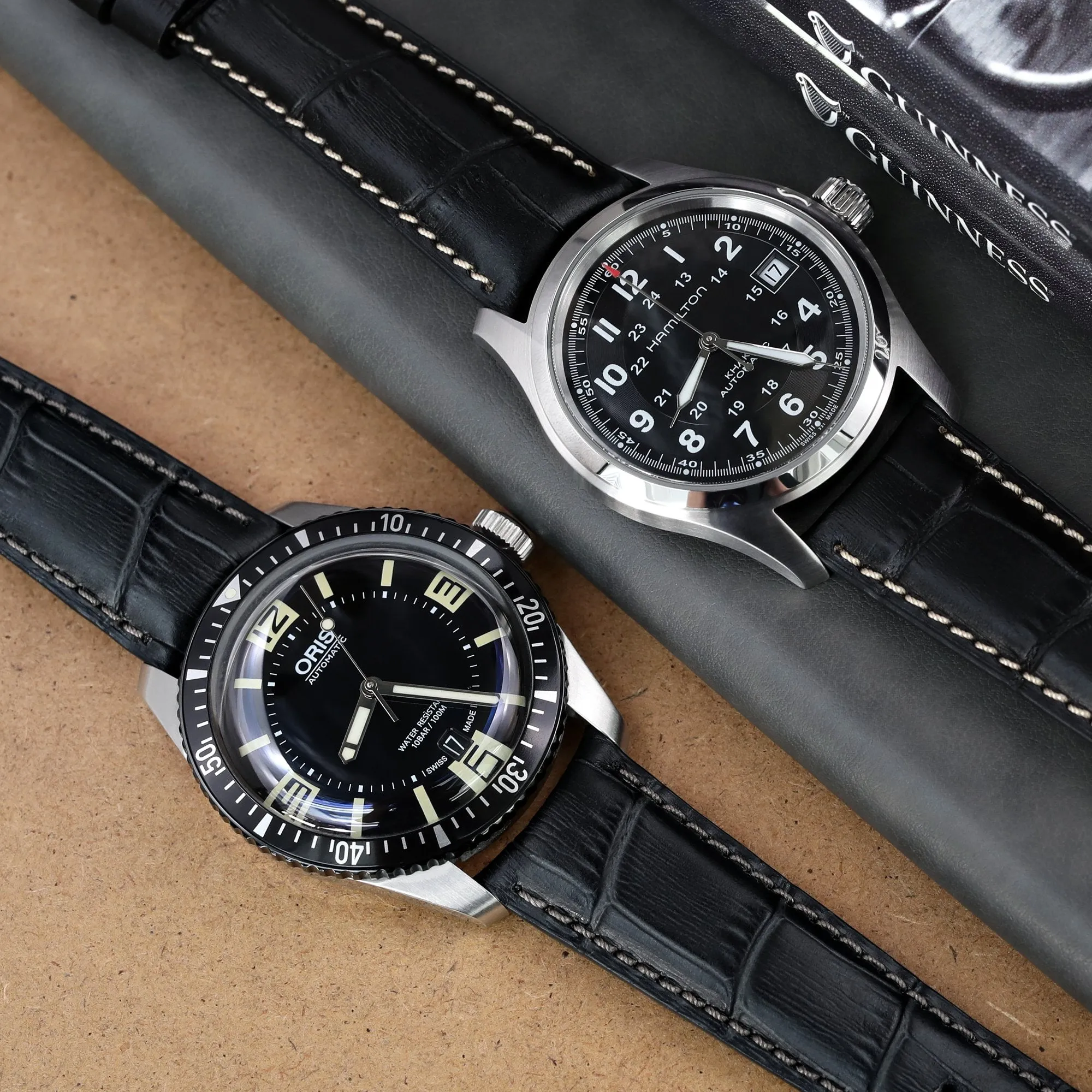 20mm or 22mm CrocoCalf (Croco Grain) Dark Grey Semi-Curved Watch strap, Polished Buckle