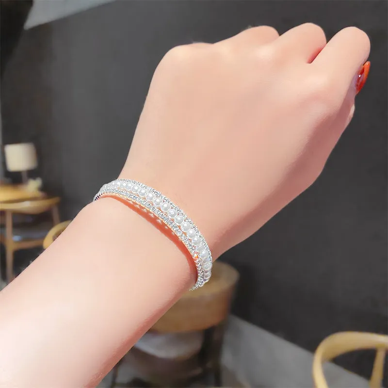 2PCs Simple Double Layer Pearl Rhinestone Bracelet Christmas Children's Day Gifts for Girls