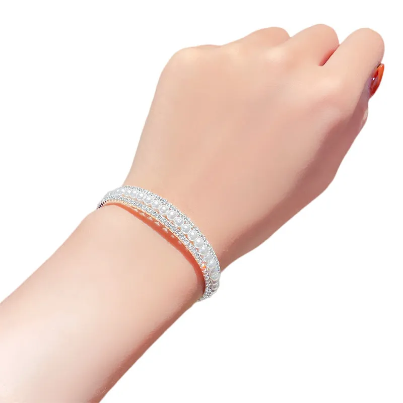 2PCs Simple Double Layer Pearl Rhinestone Bracelet Christmas Children's Day Gifts for Girls