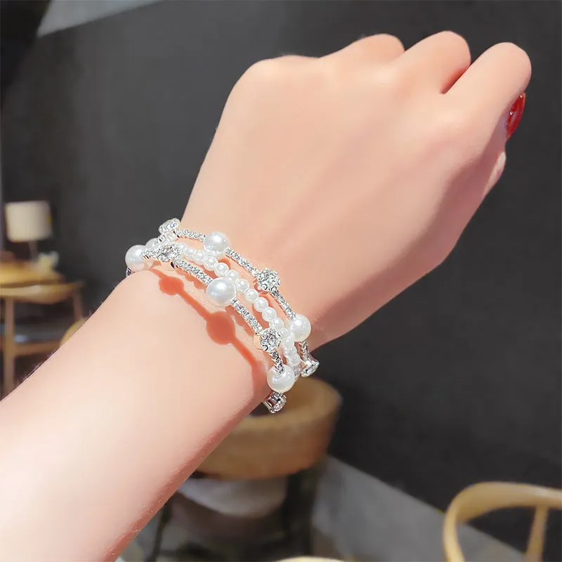 2PCs Simple Double Layer Pearl Rhinestone Bracelet Christmas Children's Day Gifts for Girls