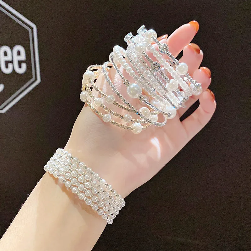 2PCs Simple Double Layer Pearl Rhinestone Bracelet Christmas Children's Day Gifts for Girls