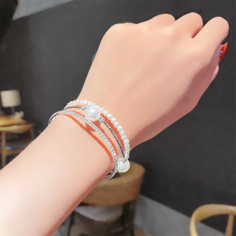 2PCs Simple Double Layer Pearl Rhinestone Bracelet Christmas Children's Day Gifts for Girls