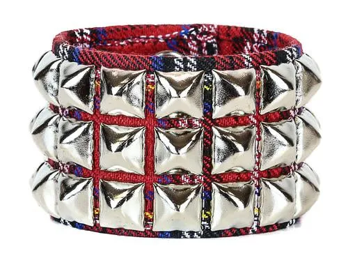3 Row Plaid Pyramid Stud Wristband (Various Colors)