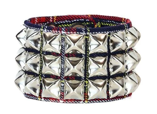 3 Row Plaid Pyramid Stud Wristband (Various Colors)
