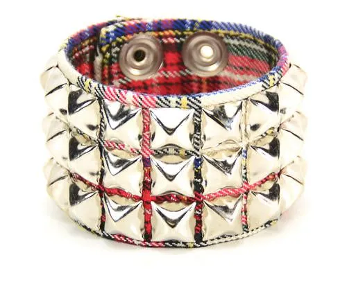 3 Row Plaid Pyramid Stud Wristband (Various Colors)