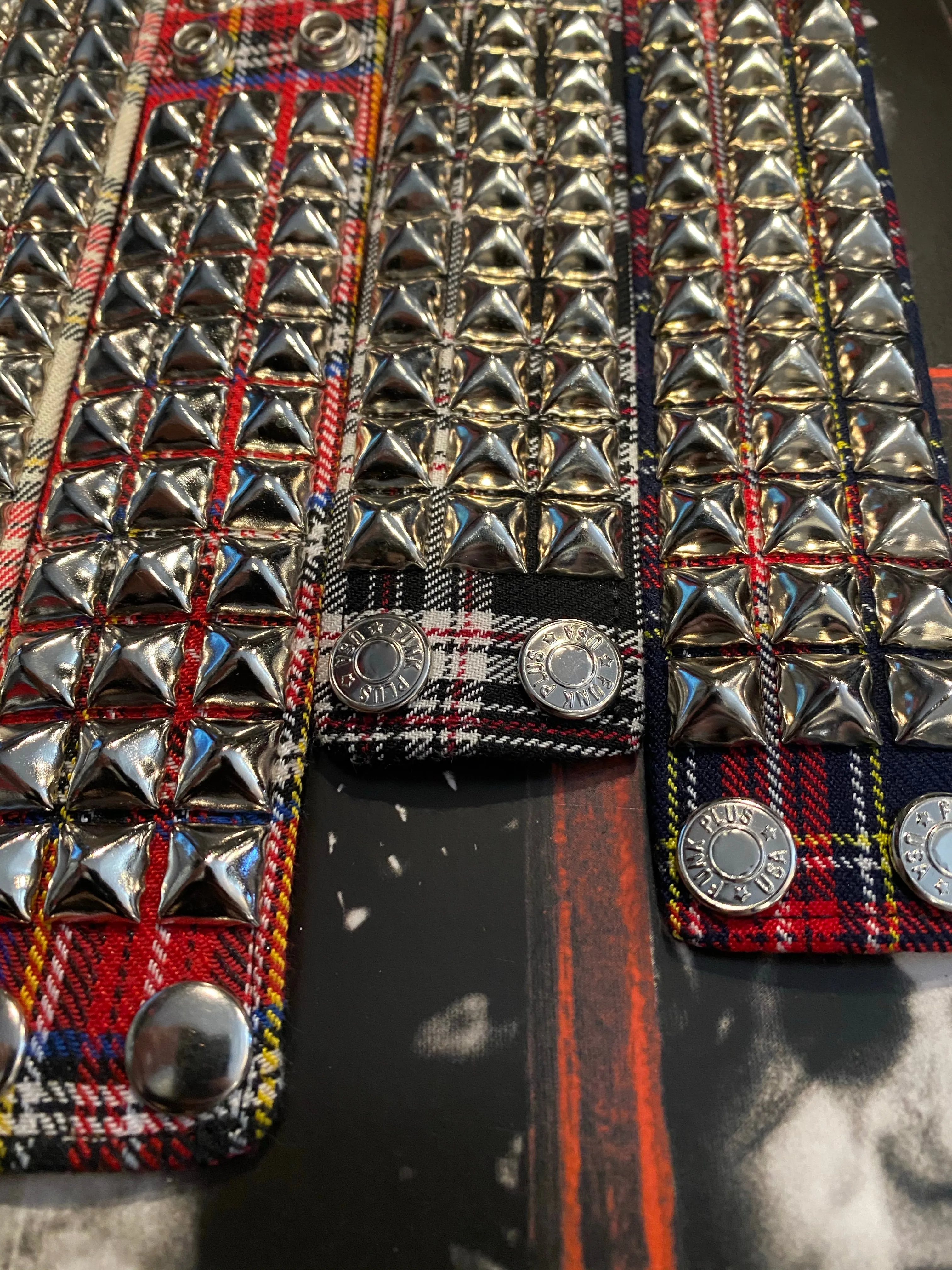 3 Row Plaid Pyramid Stud Wristband (Various Colors)