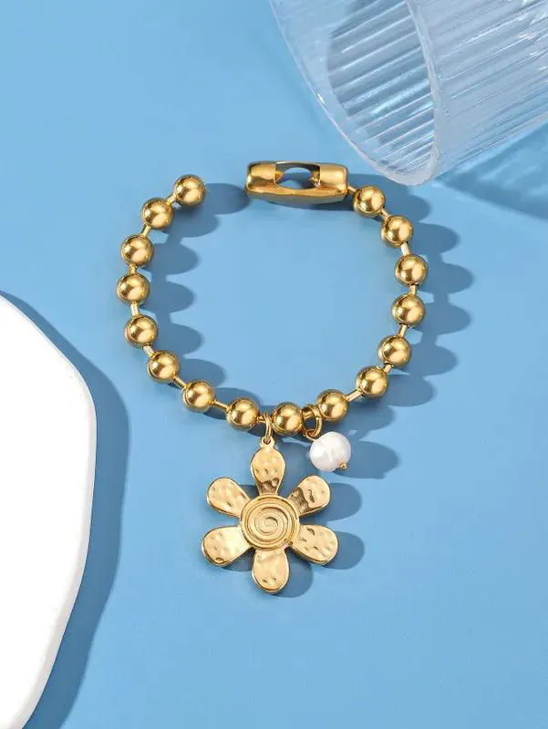 304 Stainless Steel 24K Gold Plated Sweet Classic Style Beaded Inlay Flower Pearl Bracelets - Flower Bracelet