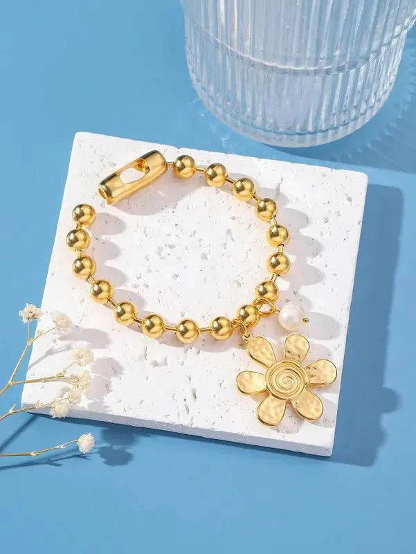 304 Stainless Steel 24K Gold Plated Sweet Classic Style Beaded Inlay Flower Pearl Bracelets - Flower Bracelet