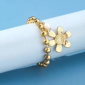 304 Stainless Steel 24K Gold Plated Sweet Classic Style Beaded Inlay Flower Pearl Bracelets - Flower Bracelet