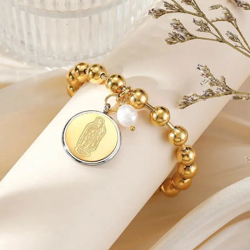 304 Stainless Steel 24K Gold Plated Sweet Classic Style Beaded Inlay Flower Pearl Bracelets - Flower Bracelet