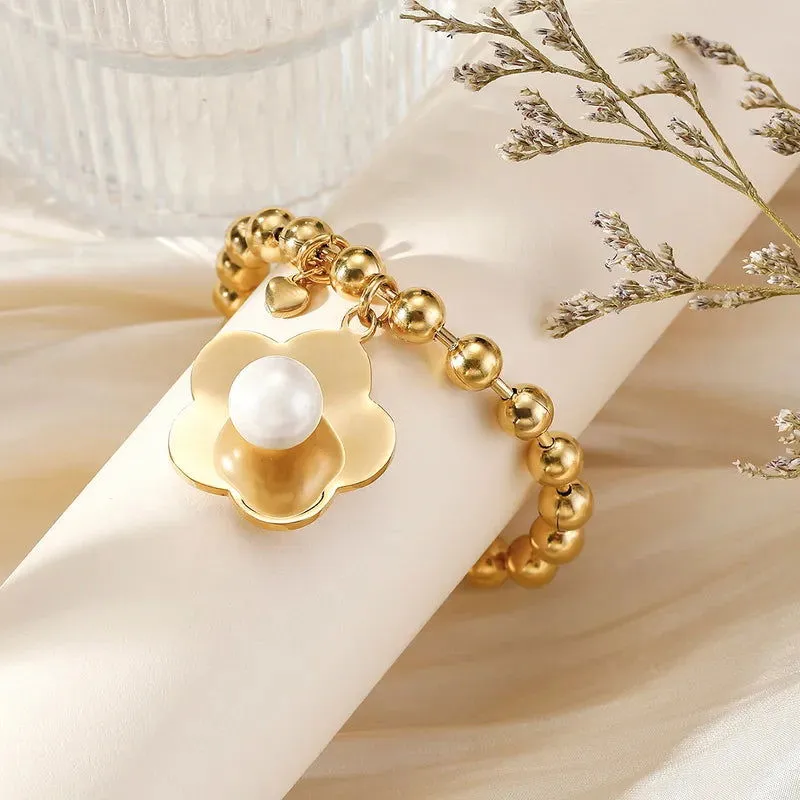 304 Stainless Steel 24K Gold Plated Sweet Classic Style Beaded Inlay Flower Pearl Bracelets - Flower Bracelet