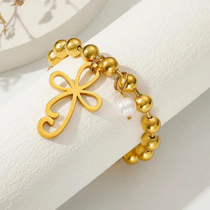 304 Stainless Steel 24K Gold Plated Sweet Classic Style Beaded Inlay Flower Pearl Bracelets - Flower Bracelet
