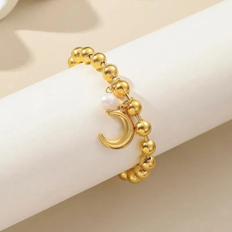 304 Stainless Steel 24K Gold Plated Sweet Classic Style Beaded Inlay Flower Pearl Bracelets - Flower Bracelet