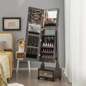 47 Inch Lockable Jewelry Cabinet Armoire with 3-Color LED Lights-Brown