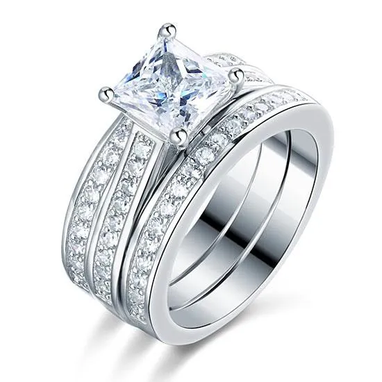 925 Sterling Silver 3 Pcs Wedding Engagement Ring Set Simulated Diamond