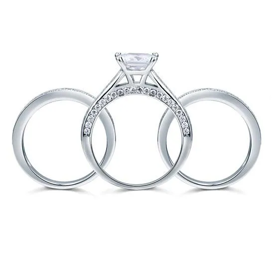 925 Sterling Silver 3 Pcs Wedding Engagement Ring Set Simulated Diamond