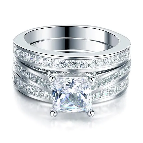 925 Sterling Silver 3 Pcs Wedding Engagement Ring Set Simulated Diamond