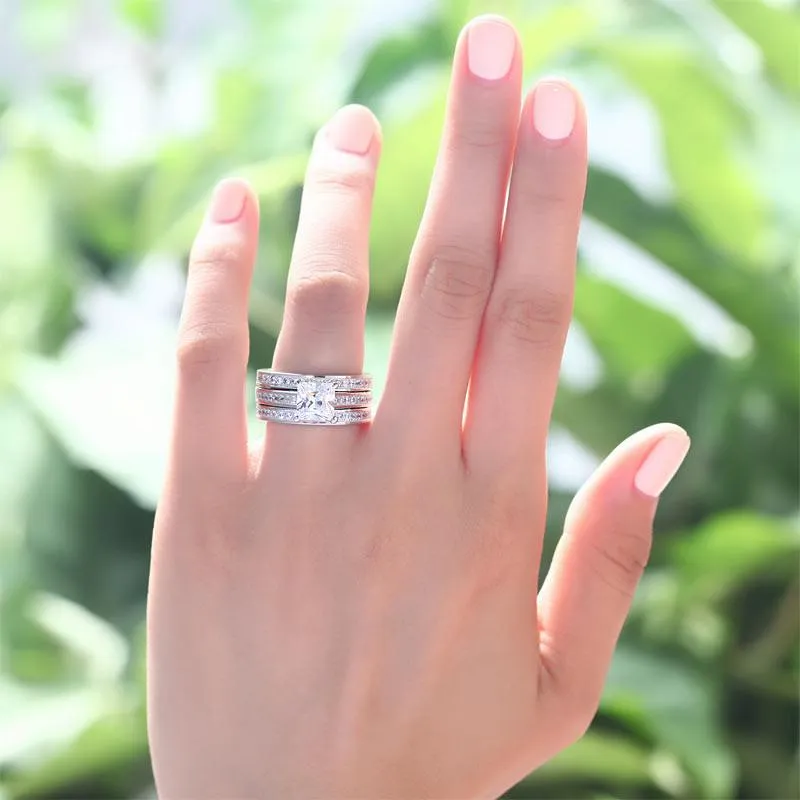 925 Sterling Silver 3 Pcs Wedding Engagement Ring Set Simulated Diamond