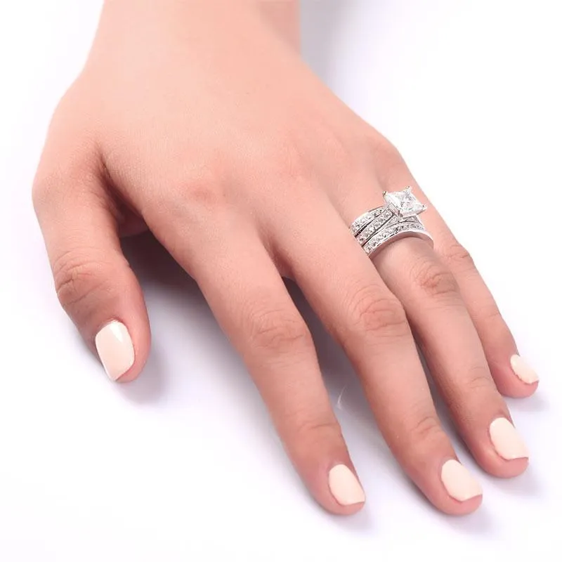 925 Sterling Silver 3 Pcs Wedding Engagement Ring Set Simulated Diamond