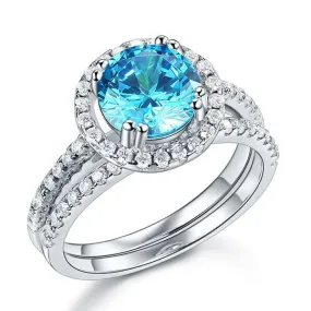 925 Sterling Silver Wedding Engagement Halo Ring Set 2 Carat Blue Simulated Diamond