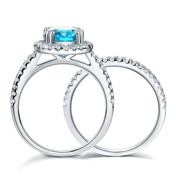 925 Sterling Silver Wedding Engagement Halo Ring Set 2 Carat Blue Simulated Diamond
