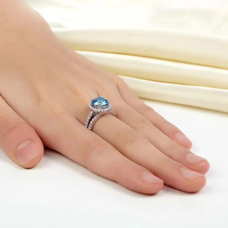 925 Sterling Silver Wedding Engagement Halo Ring Set 2 Carat Blue Simulated Diamond