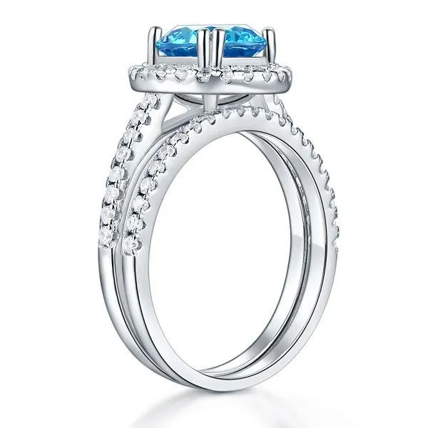 925 Sterling Silver Wedding Engagement Halo Ring Set 2 Carat Blue Simulated Diamond
