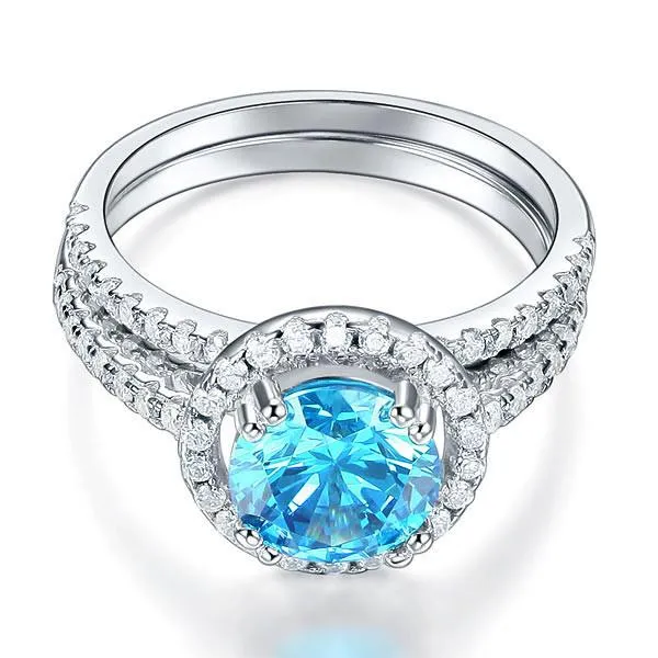 925 Sterling Silver Wedding Engagement Halo Ring Set 2 Carat Blue Simulated Diamond