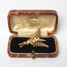 9k Gold Pearl Set Double Fern Leaf Brooch Alabaster & Wilson Vintage Birmingham circa 1995