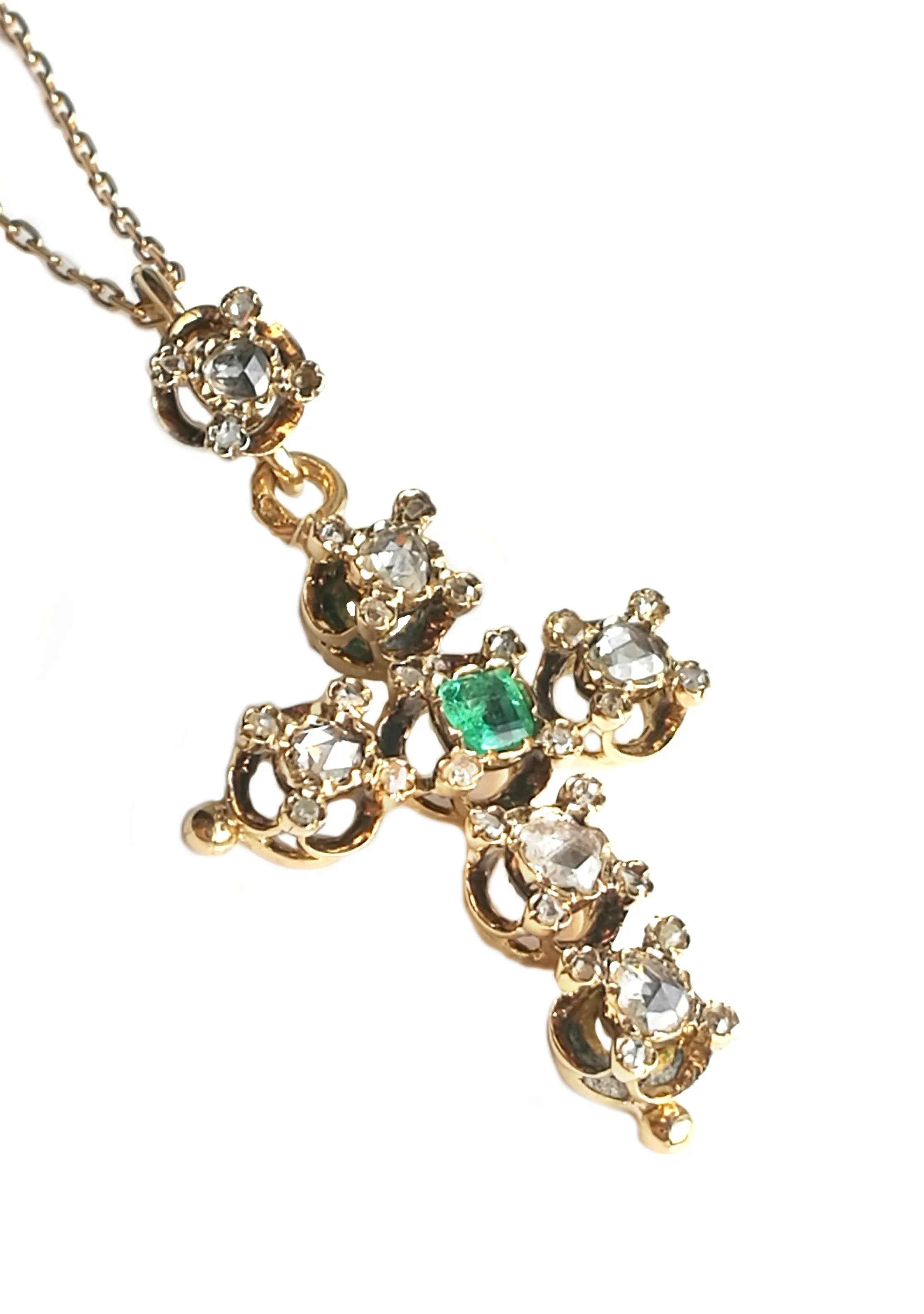 Antique French Victorian Rose Cut Diamond & Emerald Cross Pendant / Necklace
