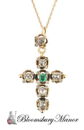 Antique French Victorian Rose Cut Diamond & Emerald Cross Pendant / Necklace