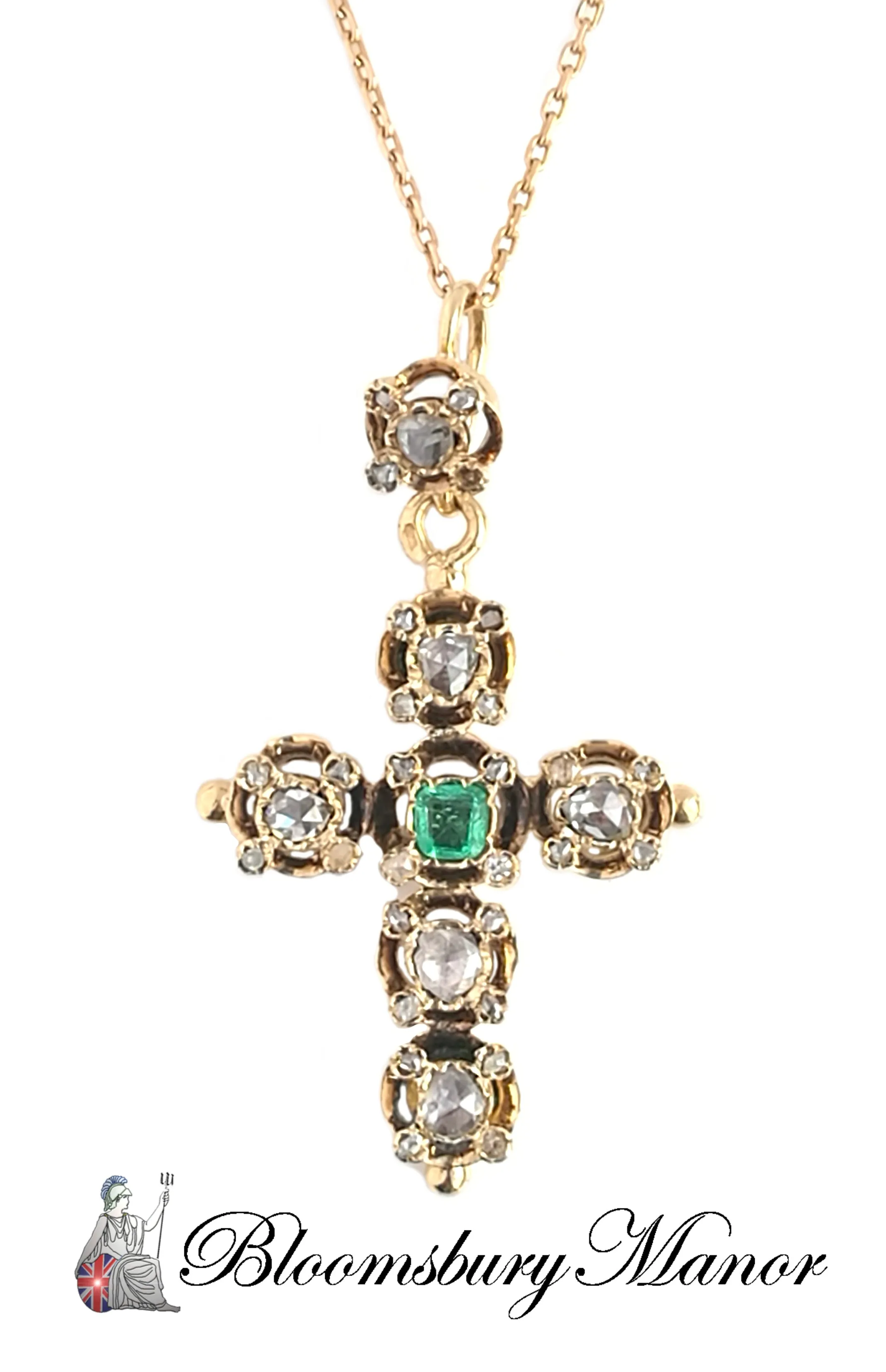 Antique French Victorian Rose Cut Diamond & Emerald Cross Pendant / Necklace