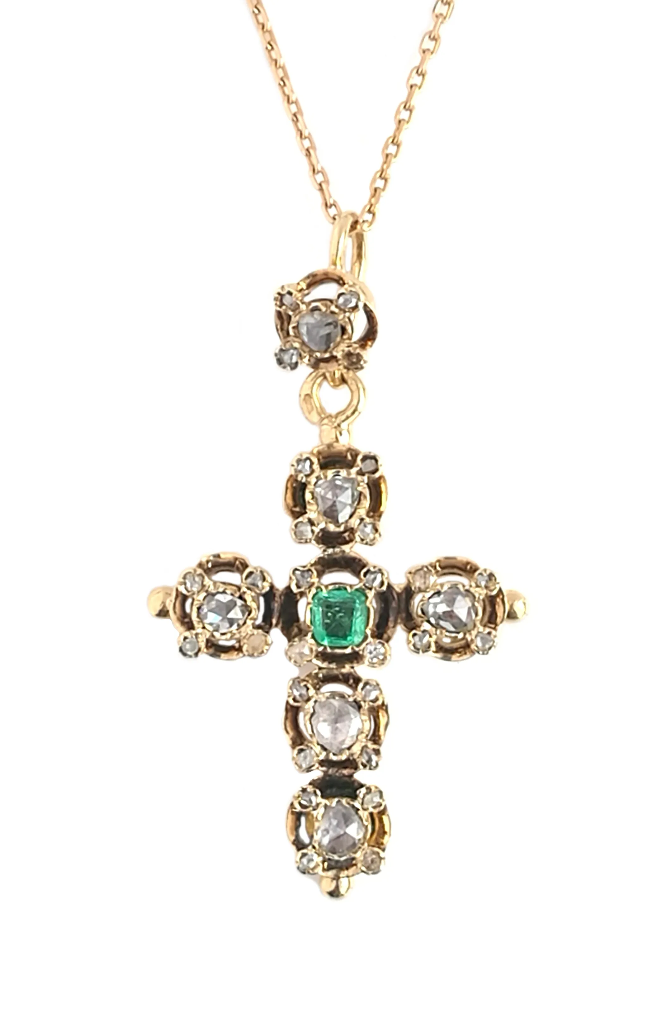Antique French Victorian Rose Cut Diamond & Emerald Cross Pendant / Necklace