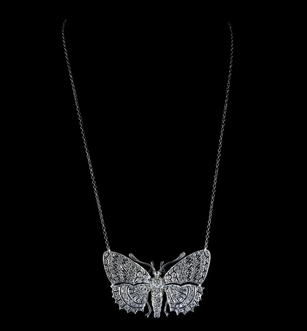 Antique Victorian Paste Butterfly Pendant Necklace Silver Emerald Eyes