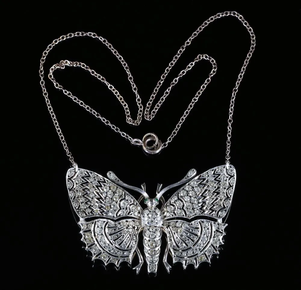 Antique Victorian Paste Butterfly Pendant Necklace Silver Emerald Eyes