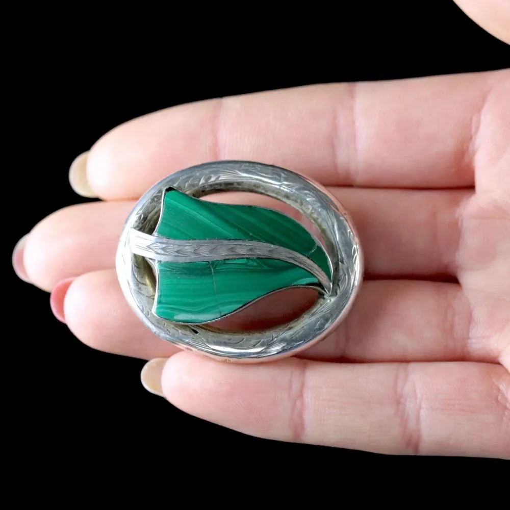 Antique Victorian Scottish Silver Malachite Leaf Brooch Circa 1900