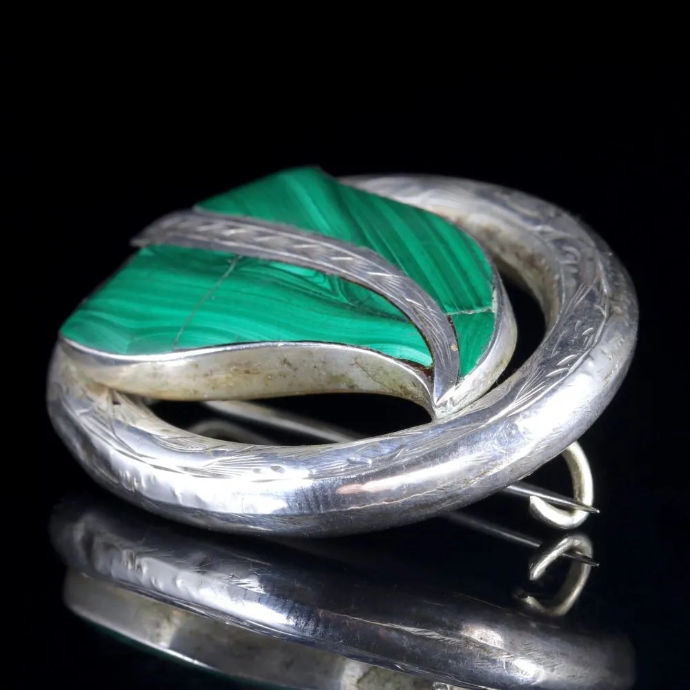 Antique Victorian Scottish Silver Malachite Leaf Brooch Circa 1900