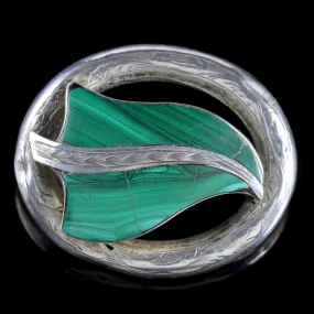 Antique Victorian Scottish Silver Malachite Leaf Brooch Circa 1900