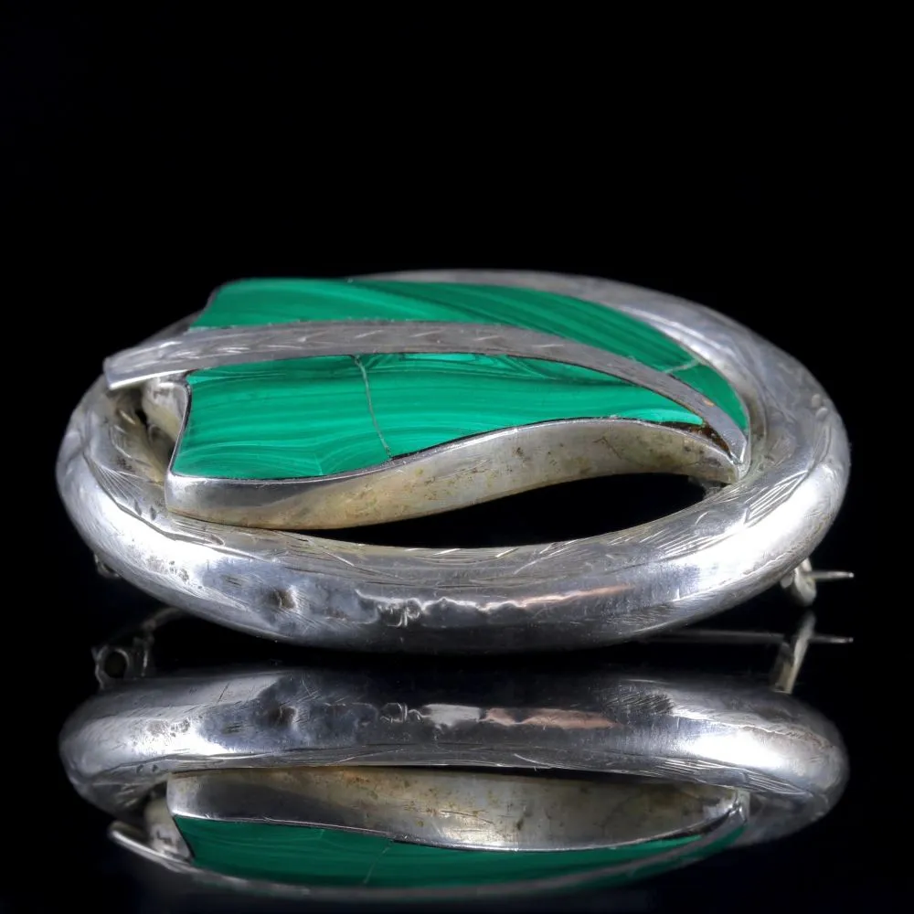 Antique Victorian Scottish Silver Malachite Leaf Brooch Circa 1900