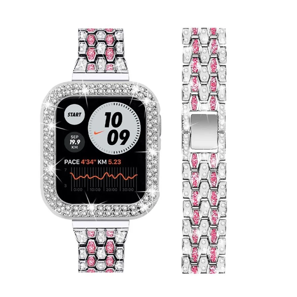 Apple Watch (45mm) five bead shiny rhinestone watch strap - Silver / Rose / Silver