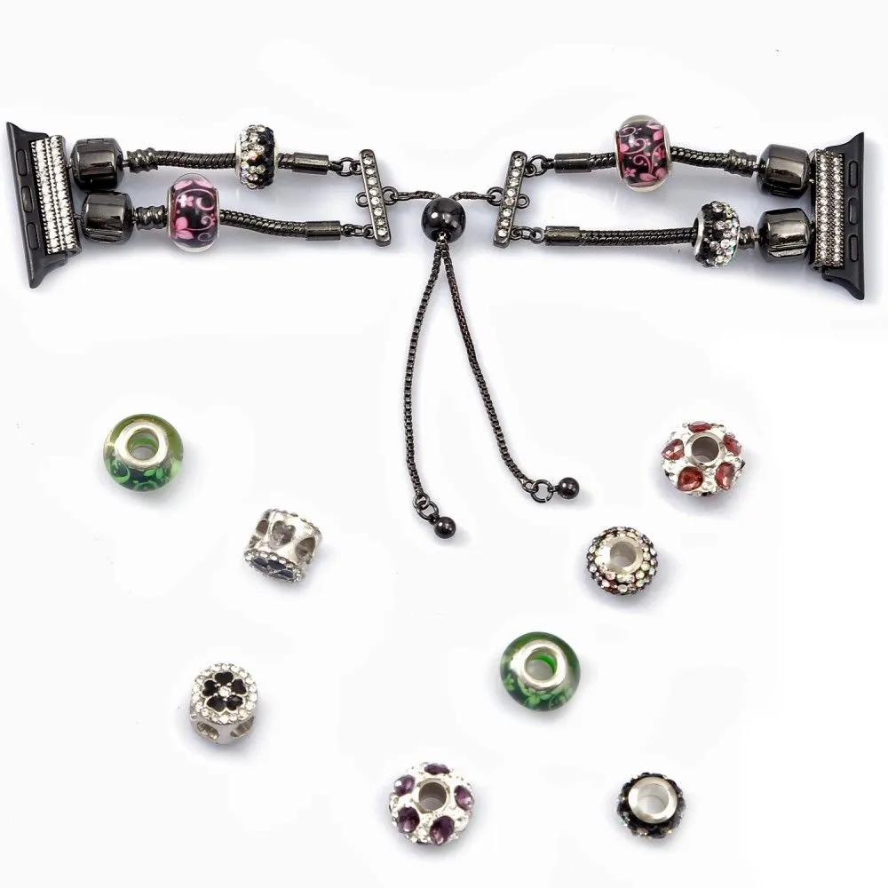 Apple Watch (45mm) stylish bead loop watch strap - Pink / Green Flower