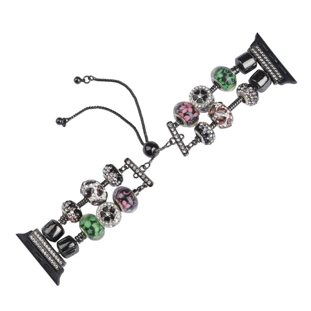 Apple Watch (45mm) stylish bead loop watch strap - Pink / Green Flower
