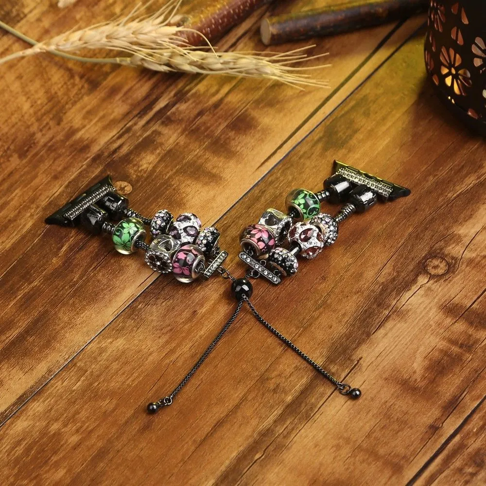 Apple Watch (45mm) stylish bead loop watch strap - Pink / Green Flower