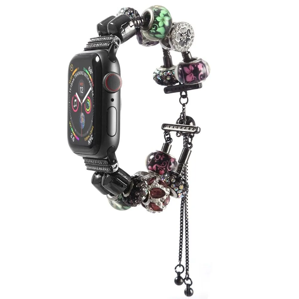 Apple Watch (45mm) stylish bead loop watch strap - Pink / Green Flower