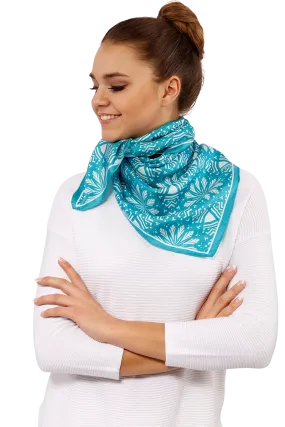 ASTER Mandala Designer 100% Silk Scarf in Turquoise White