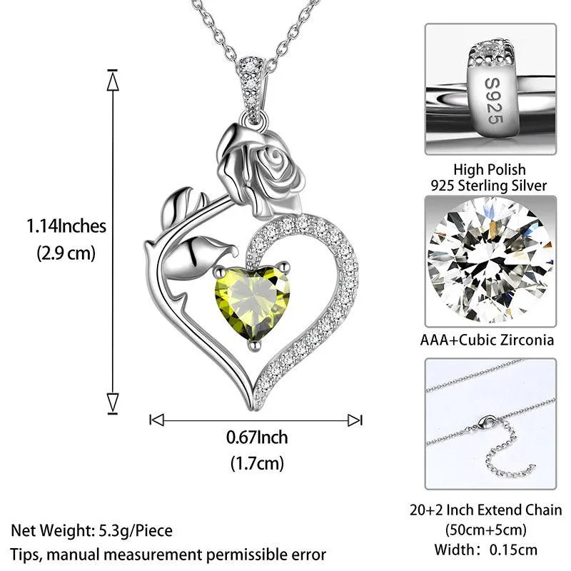 August Peridot Necklace Women Heart Birthstone Pendant Flower Rose Jewelry Birthday Gifts