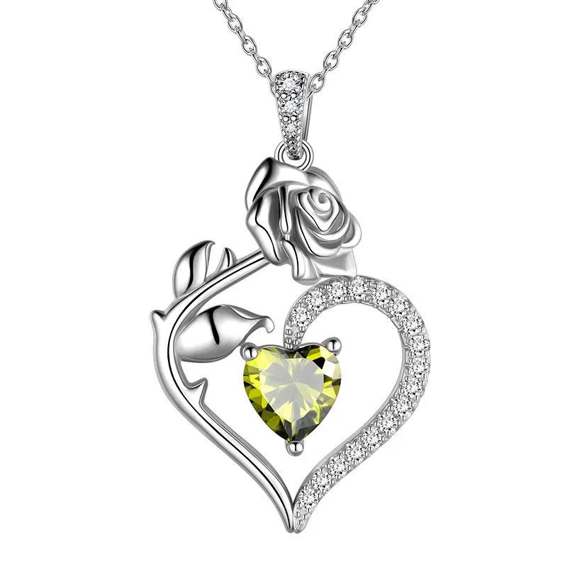 August Peridot Necklace Women Heart Birthstone Pendant Flower Rose Jewelry Birthday Gifts