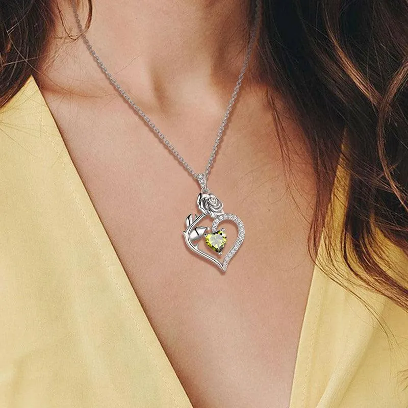 August Peridot Necklace Women Heart Birthstone Pendant Flower Rose Jewelry Birthday Gifts